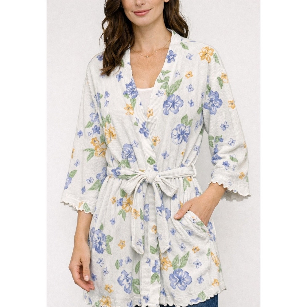 Karen Neuberger Womens Floral Ribbed Knit Belted Robe White‎ Blue Yellow Large